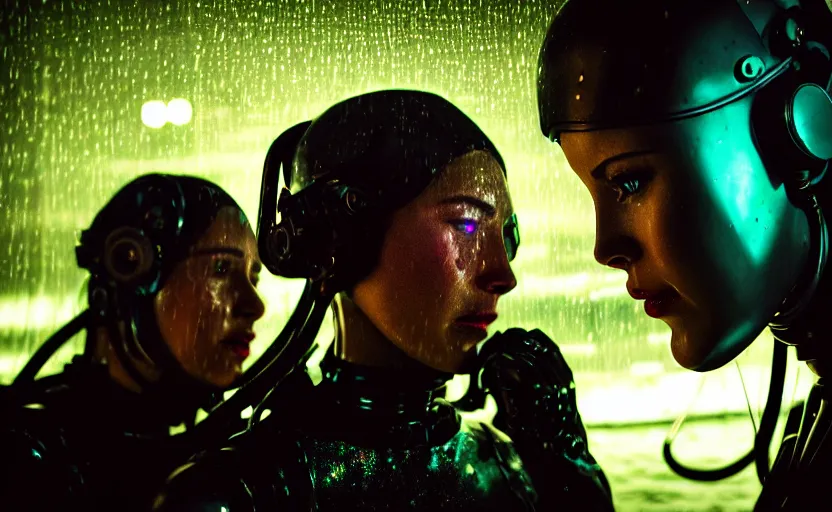 Image similar to cinestill 5 0 d candid photographic portrait by steve mccurry of two loving female androids sobbing wearing rugged black mesh techwear in treacherous waters, flooded city, medium closeup, retrofuturism cyberpunk moody emotional cinematic, pouring iridescent rain bright spotlight helicopter, 8 k, hd, high resolution, 3 5 mm, f / 3 2, ultra realistic faces, ex machina