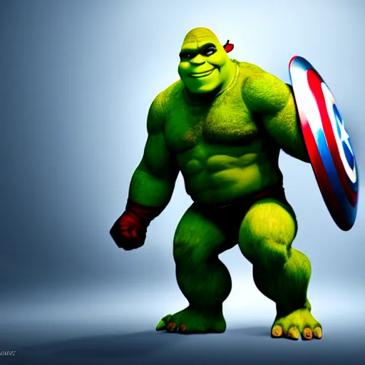 Image similar to digital painting of Shrek as Captain America, octane render, volumetric lightening, by marvel