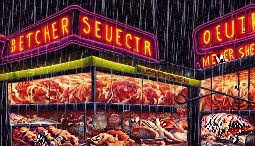 Prompt: painting of a neon sign storefront meat butcher shop, raining, busy street, cyberpunk, romantisism, outrun, synthwave, painting, detailed, by android jones