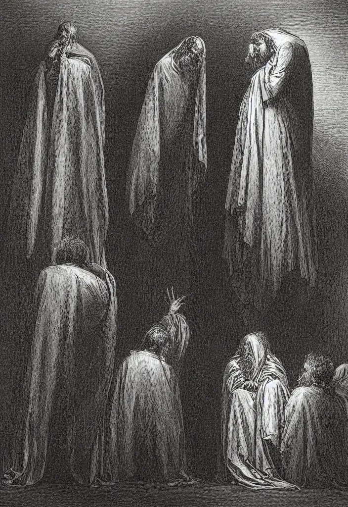 Image similar to drunken priests, creepy atmosphere, dark, portrait, very realistic, illustration by gustave dore