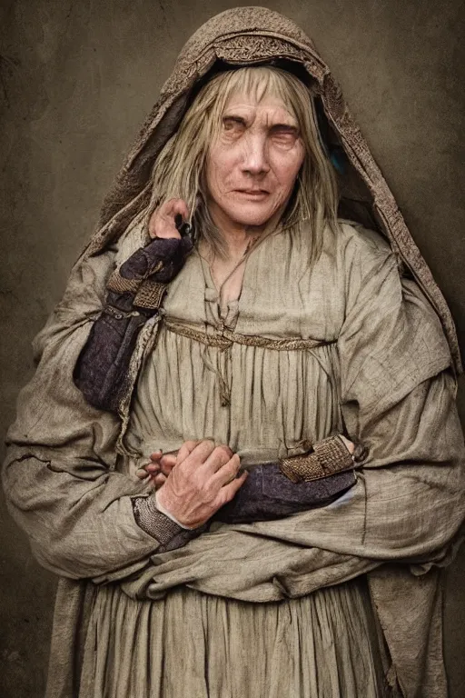Prompt: middle aged, sleepy village woman in medieval clothing, covered with fleur highly detailed, trending on artstation