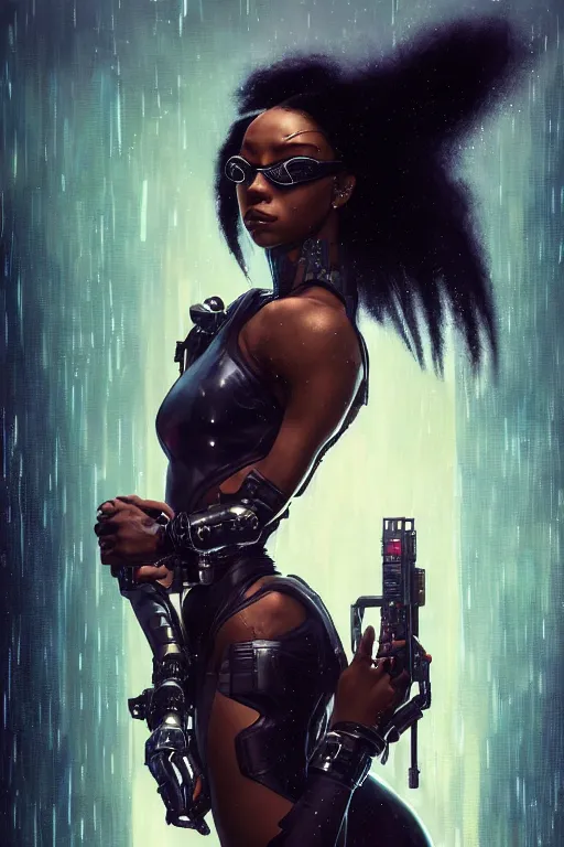 Image similar to cyberpunk Normani as aeon flux profile picture by Greg Rutkowski, dynamic pose, intricate, futuristic, fantasy, elegant, by Stanley Artgerm Lau, greg rutkowski, thomas kindkade, alphonse mucha, loish, norman Rockwell, metal chrome, shiny, rainy background, asymmetric, afro hair,