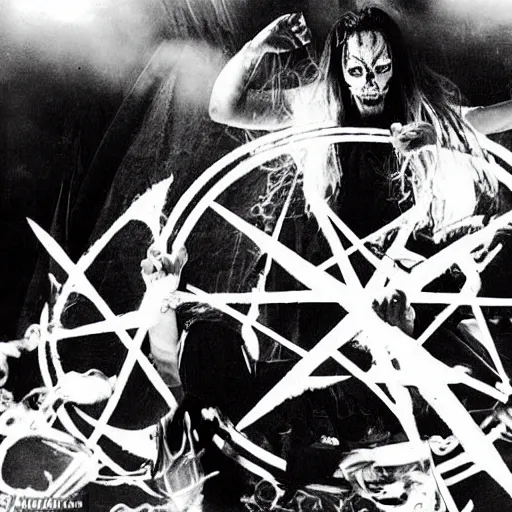 Image similar to a nu-metal musician using a pentagram to conjure a demon. Horror film production photo from the 2000’s.