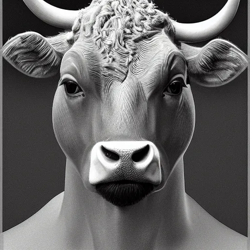 Image similar to portrait of a man - faced cow, hyper detailed, 3 / 4 shot, digital art, trending in artstation, cinematic lighting, studio quality, smooth render, unreal engine 5 rendered, octane rendered, art style by klimt and nixeu and ian sprigger and wlop and krenz cushart