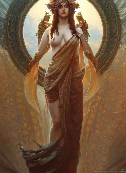 Prompt: a hyperrealistic painting of goddess, pillars with arc, ornate, ultra realistic, concept art, intricate details, eerie, highly detailed, photorealistic, octane render, 8 k, unreal engine. art by artgerm and greg rutkowski and charlie bowater and magali villeneuve and alphonse mucha