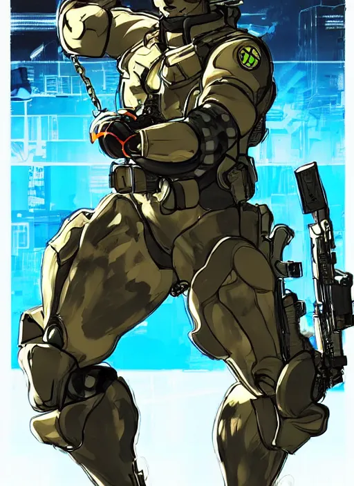 Prompt: Full body portrait of a cat humanoid in soldier gear holding a shining coin. In style of Yoji Shinkawa, movie poster, vibrant colors, great composition, Metal Gear Solid style concept art.