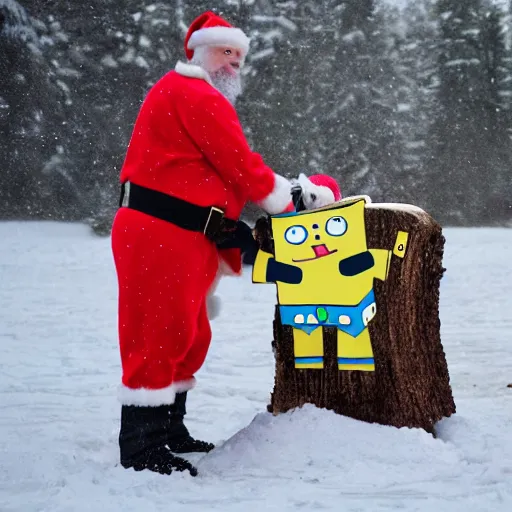 Image similar to robot santa and spongebob ride a tree log down an icy slope