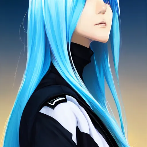 Image similar to profile shot of rimuru tempest, sky blue, straight hair, long bangs, amber eyes, wearing a black jacket!! with white stripes, high collar, highly detailed, unreal engine 5, digital painting, cinematic, wlop | artgerm, pixiv, yoshitaka amano, greg rutkowski, ilya kuvshinov, andy warhol