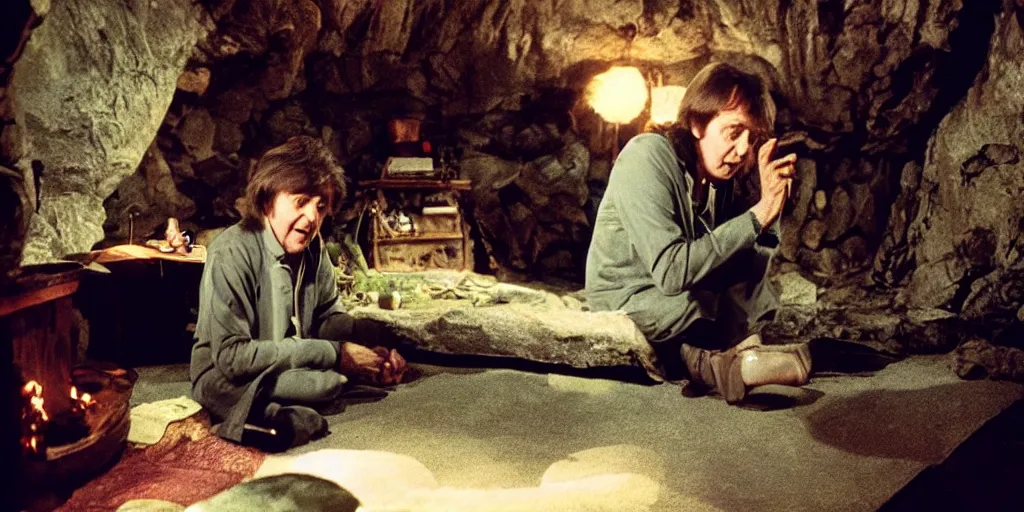 Image similar to A full color still of Paul McCartney looking at his palm, dressed as a hobbit inside his house at night with firelight, directed by Stanley Kubrick, 35mm, 1970