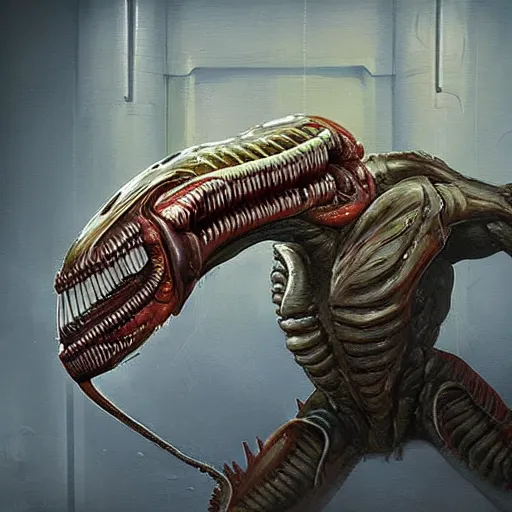 Image similar to hyper realistic hamburger as a xenomorph, painted by greg rutkowski, unreal engine,