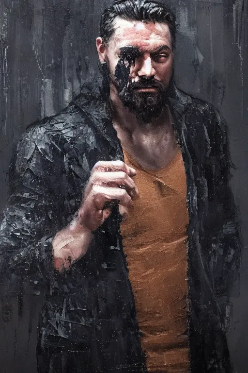 Prompt: palette knife oil painting of the norse god tyr ( one hand missing ) as a noir detective. extreme detail. artstation trending, any racial background, artgerm, deviant art, octane, substance, art history 8 k