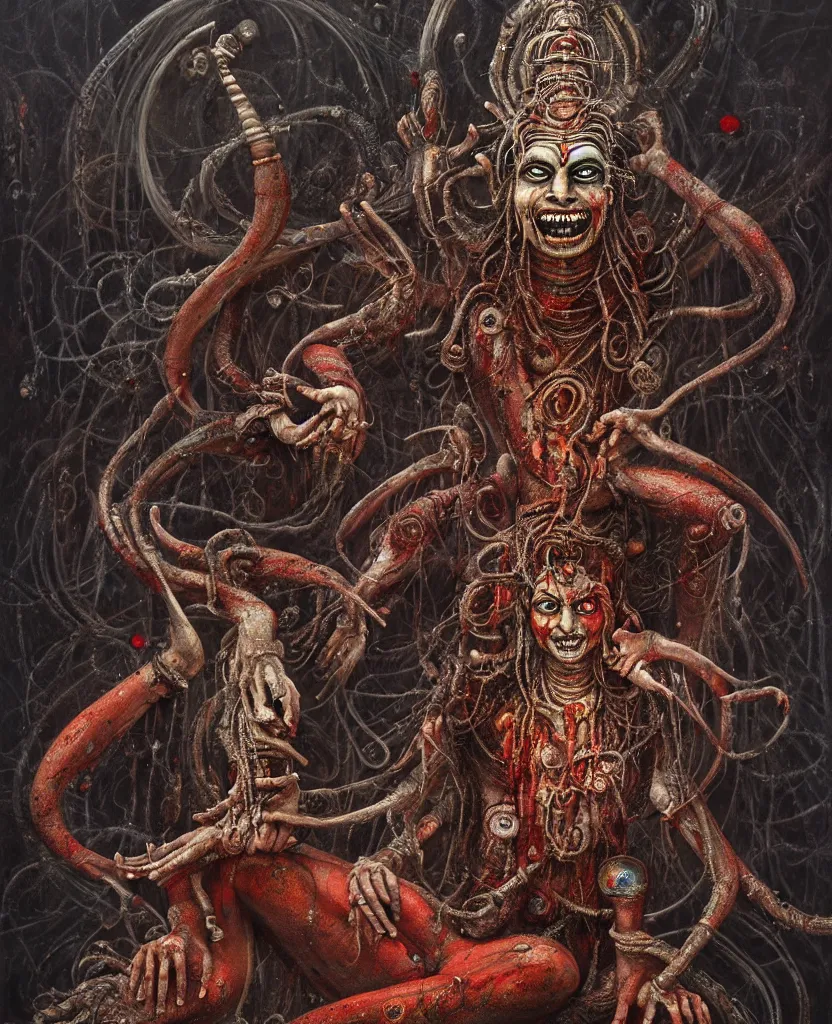 Prompt: One many-armed Shiva is dancing. Drops of blood. Dark colors, high detail, hyperrealism, horror art, masterpiece, close-up, zoom, concept art, octane render, biopunk, body-horror, art by Greg Broadmore, Esao Andrews, Beksinski, Giger