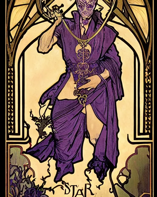 Image similar to tarot card, half - body, the devil, demon male, black and purple robes, beautiful, medieval, super detailed, ornate, by alphonse mucha, stjepan sejic, symmetry, 8 k, sharp focus