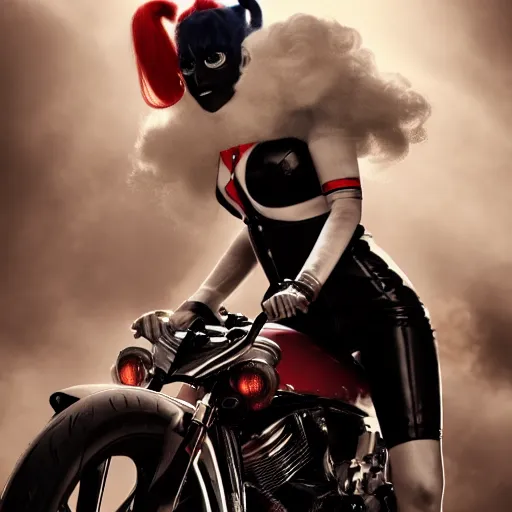 Prompt: Lady Gaga as real-life Harley Quinn riding a motorcycle, cinematic, Low angle, atmospheric fog and lighting, directed by Michael Bay, high detail, 8K, movie still, trending on artstation