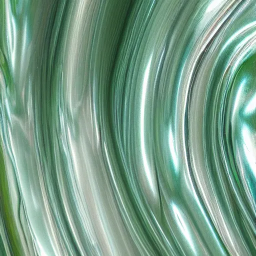 Image similar to swirling soft focus chrome liquid metal pools green, shining, smooth curves, liquidmetal, translucent, hologram