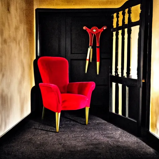 Prompt: a red chair surrounded by sinister and sinuous tools made of gold at the end of a black stone hallway