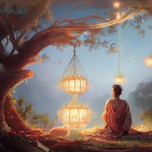 Image similar to painting of a god of wind enjoying his heavenly palace, decorated with windchimes and paper lanterns, stunning nature in background, art by greg rutkowski, cinematic