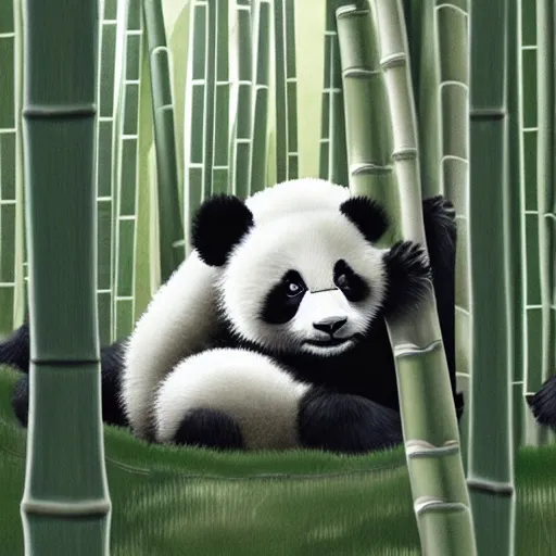 Image similar to A baby panda sleeping in a bamboo forest, highly detailed body ,it is raining, night time , peaceful atmosphere, moody lighting , digital art , highly detailed , high contrast, beautiful lighting, award winning , trending on art station, photorealistic, 8k