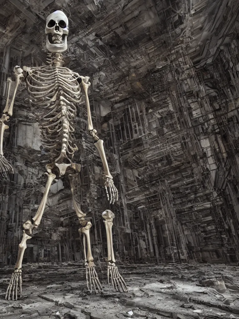 Prompt: portrait of a cyborg skeleton statue, standing in a hall of abandoned ancient megacomplex; hyperrealistic, 4K wallpaper, cinematic lighting, highly detailed and beautiful