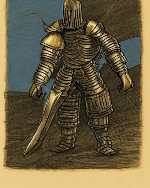 Prompt: a armored knight drawing his sword, depression atmosphere, clam face, in blue cape, daniel oxford