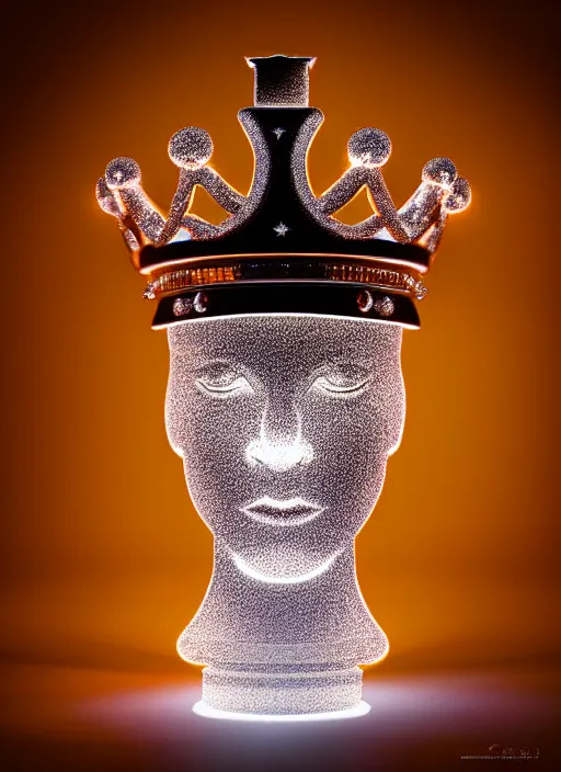 Image similar to queen chess piece photo, crown made of led point lights, pearlescent skin, skin made of led point lights, very detailed, highly detailed background, reflective chessboard, photorealism, sharp focus, photorealism, soft diffuse autumn lights, some sunlight ray, dark room wall, canon 5 d 5 0 mm lens