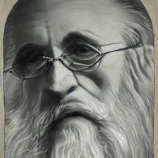 Prompt: face portrait of a very old wizard with long silver hair and beard and light blue eyes, small half - moon glasses and a long crooked nose, highly detailed, sketch