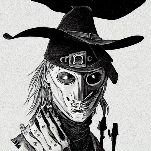 Image similar to a portrait of a plague doctor gunslinger, dark fantasy, horror, western, hell, ultrafine detailed digital pencil art by takeshi obata and mike mignola and greg rutkowski, death note style, colored, symmetric body, cgsociety, sharp focus, detailed face, looking at the camera