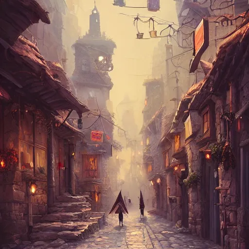 Image similar to a busy street within a fascinating old fantasy city, quirky shops, narrow streets, old buildings, old stone steps, street life, by Sylvain Sarrailh, cinematic, stunning composition, beautiful detailed digital painting, oil painting, dungeons and dragons, lord of the rings