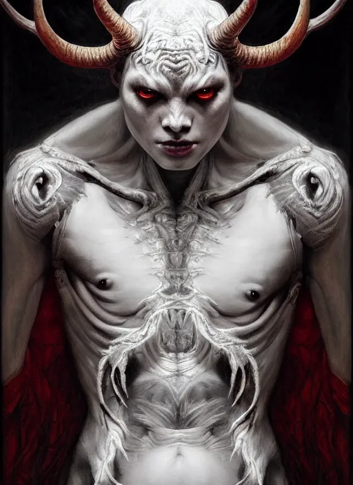 Image similar to half demon half human man intricate skin pattern texture, elegant, peaceful, playful full body, white horns, hyper realistic, extremely detailed, dnd character art portrait, dark fantasy art, intricate fantasy painting, dramatic lighting, vivid colors, deviant art, artstation, by edgar maxence and caravaggio and michael whelan and delacroix.