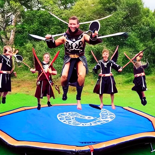 Prompt: “Spartans wearing battle robe, swords and shields jumping on trampoline”