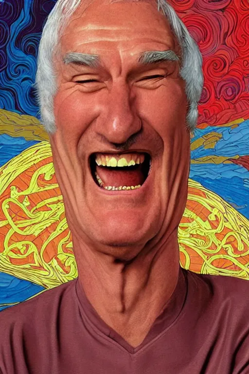 Prompt: an awesome jean giraud portrait of timothy leary laughing hysterically in the style of a renaissance masters portrait, mystical and new age symbolism