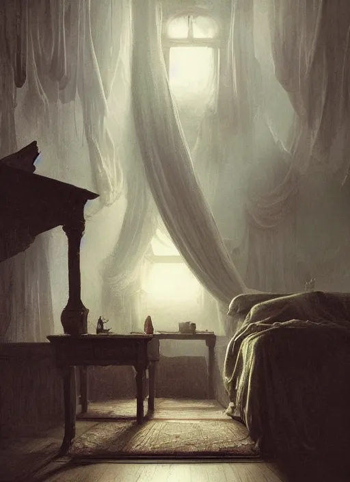 Image similar to a dreary bedroom, but floating above the bed are fantastical scenes of dreams, dreams invading mundane spaces, fantasy infiltrating reality, wisps of the impossible, 8k, ultradetailed, illustrated by Greg Rutkowski and Caspar David Friedrich.