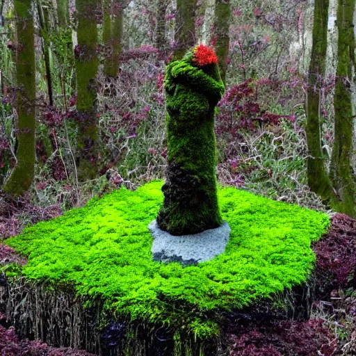 Prompt: a sculpture made of moss and flowers