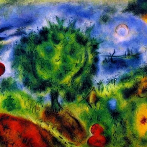 Prompt: painting of a lush natural scene on an alien planet by marc chagall. beautiful landscape. weird vegetation. cliffs and water.