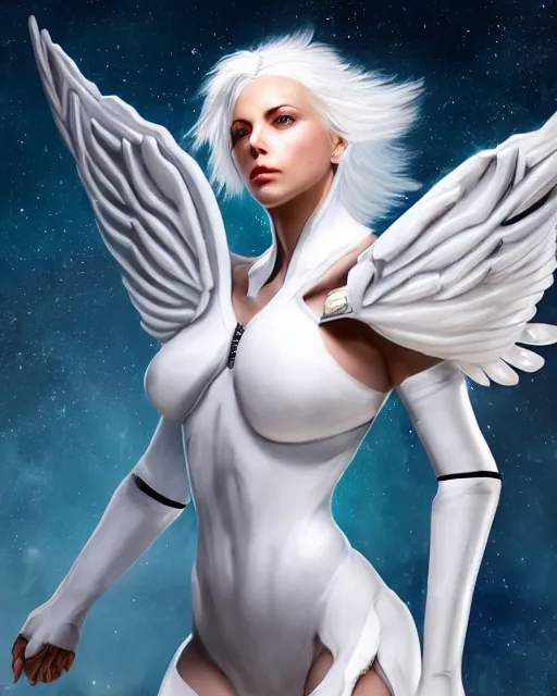 Image similar to perfect white haired attractive egyptian goddess with huge white dove wings, warframe armor, beautiful, symmetric, charlize theron, half asian, pretty face, blue eyes, detailed, scifi platform, laboratory, experiment, 4 k, ultra realistic, epic lighting, android body, illuminated, cinematic, masterpiece, art by akihito tsukushi, voidstar