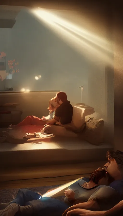 Image similar to an illustration of a couple watching a movie, moody lighting, lens flare, atmosphere, glow, detailed, intricate, full of colour, cinematic lighting, trending on artstation, 4 k, hyperrealistic, focused, extreme details, unreal engine 5, cinematic, masterpiece