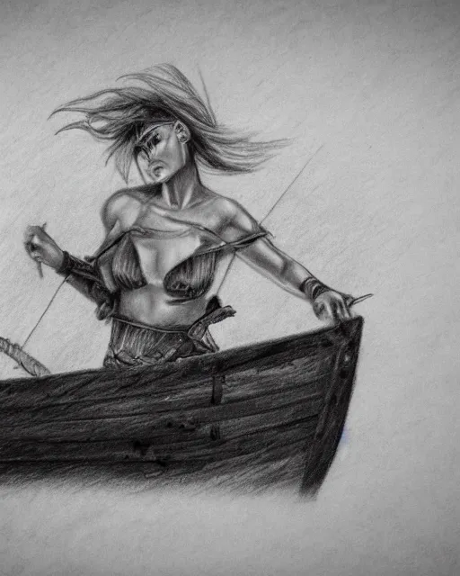 Prompt: A beautiful woman warrior on a faded background of a pirate ship at a deserted island, realism pencil drawing on white paper, bald lines