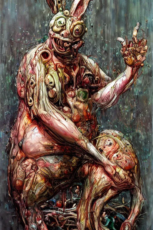 Image similar to Big Chungus full body shot, hyper-realistic oil painting, Body horror, biopunk, by Ralph Steadman, Francis Bacon, Hunter S Thompson