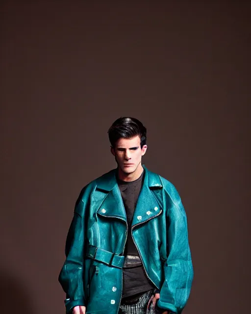 Prompt: an award - winning photo of a male model wearing a baggy teal distressed medieval menswear moto jacket by issey miyake, 4 k, studio lighting, wide angle lens