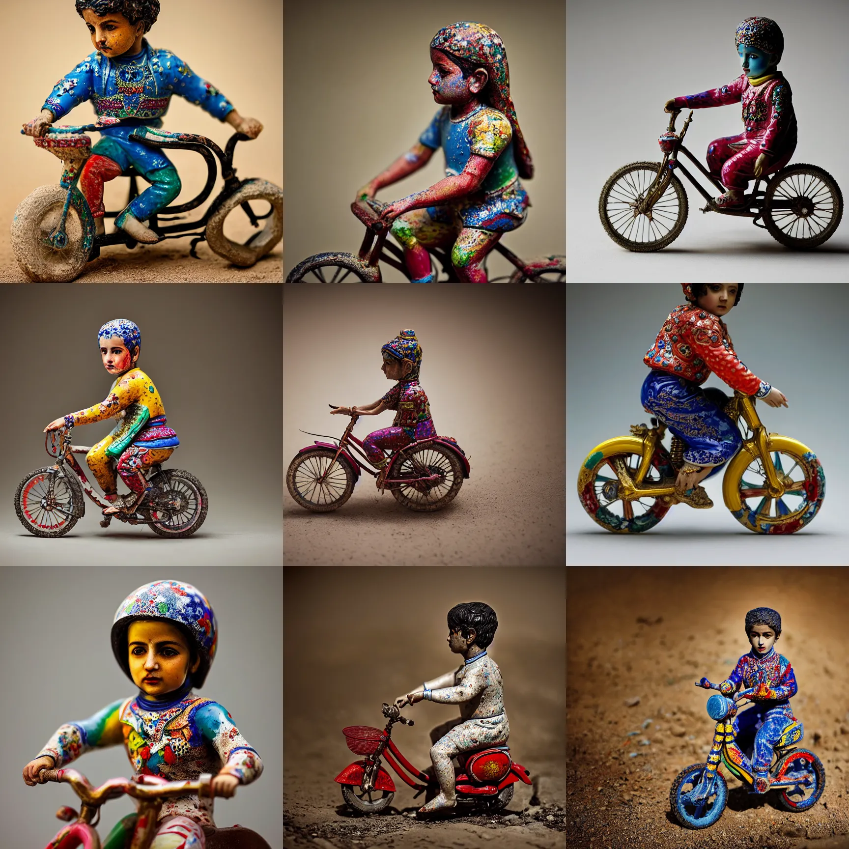 Image similar to portrait of a porcelain figurine of Iranian child on a bike, colourful, detailed, depth of field, intricate, delicate, by Jonas Jensen, Magnum photos