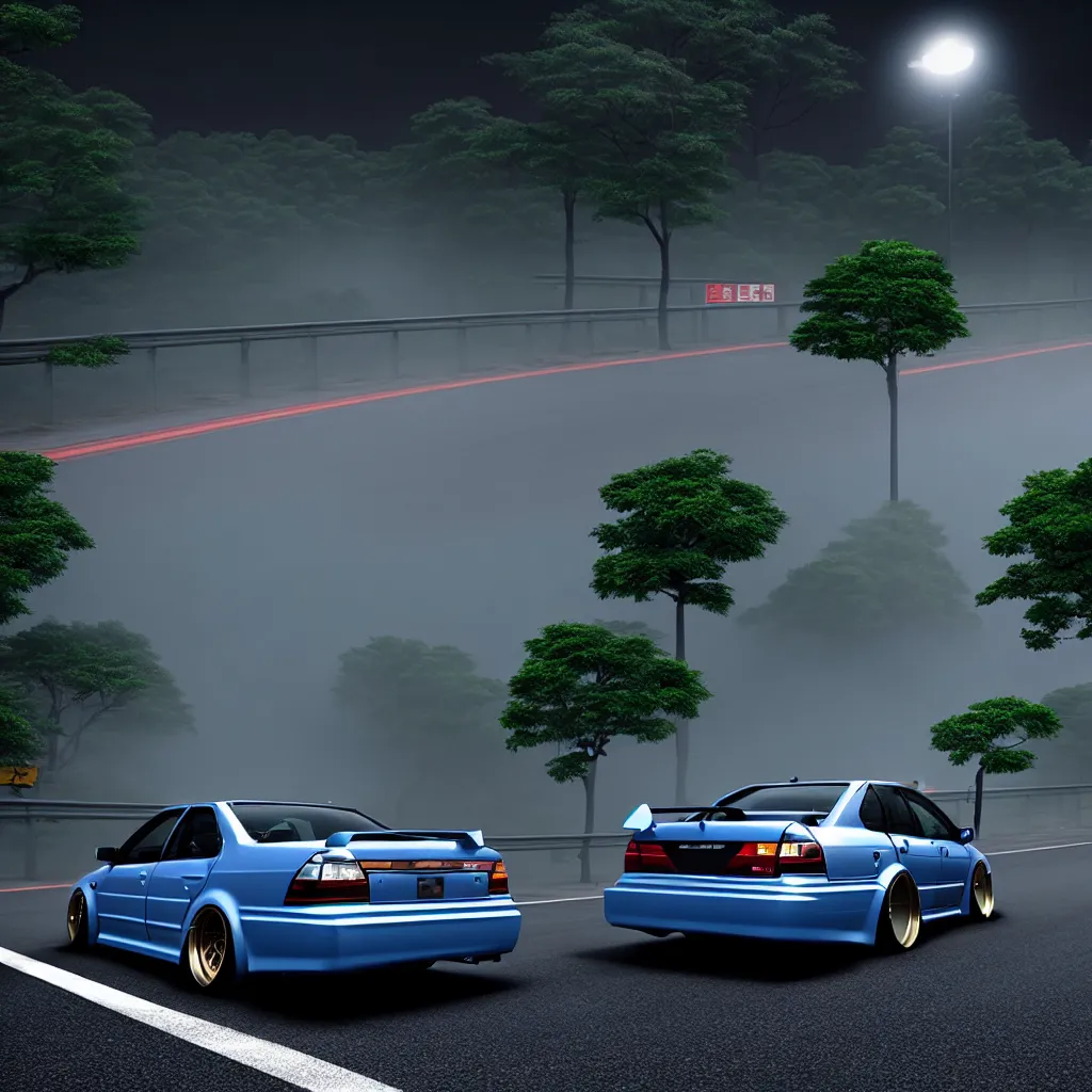 Image similar to a car JZX100 twin turbo drift in middle of road, Gunma prefecture, city midnight mist lights, cinematic lighting, photorealistic, detailed alloy wheels, highly detailed