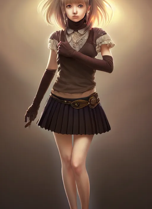 Image similar to portrait of a full body of beautiful young female detective, d & d, sleeveless turtleneck, pleated skirt, fantasy, flat lighting, intricate, highly detailed, digital painting, artstation, concept art, smooth, sharp focus, illustration, misa amane, art by simon bisley and greg rutkowski and alphonse mucha, natural tpose