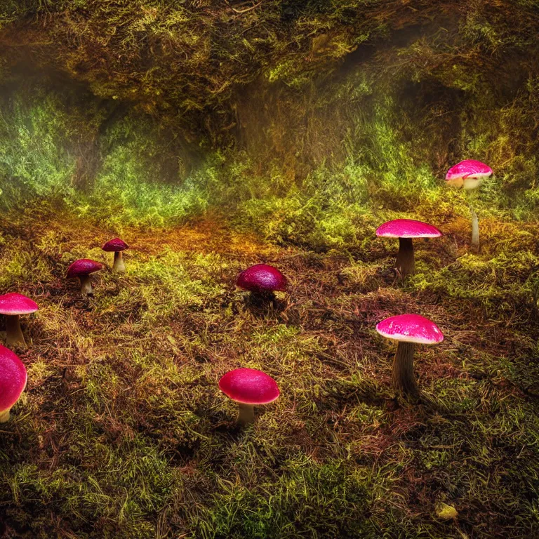 Image similar to a planet of various fungus, mushrooms, flowers and plants, inside the picture is infinity, Atmospheric, artistic photography, conceptual, long exposure outside the city, volumetric light