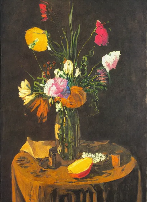 Image similar to a surreal painting of a breakfast still life, vase of flowers, by George Baselitz, symbolist, soft colors, dramatic lighting, smooth, sharp focus, extremely detailed, textured, aesthetically pleasing composition