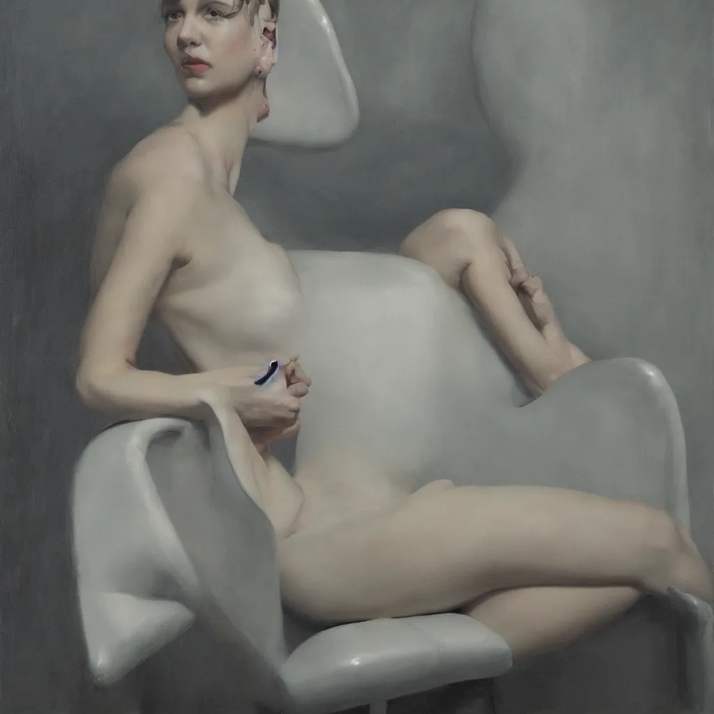 Image similar to meredit frampton sitting on a white leather chair, head and shoulders portrait, stormy weather, extremely detailed masterpiece, oil on canvas, low-key neon lighting, artstation, Blade Runner 2049, Roger Deakin’s cinematography, by J. C. Leyendecker and Peter Paul Rubens and Edward Hopper and Michael Sowa