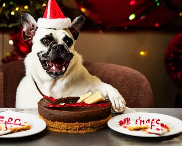 Image similar to 30-year-old dog eating cheesecake for his birthday, old, wrinkly, happy, festive, wholesome