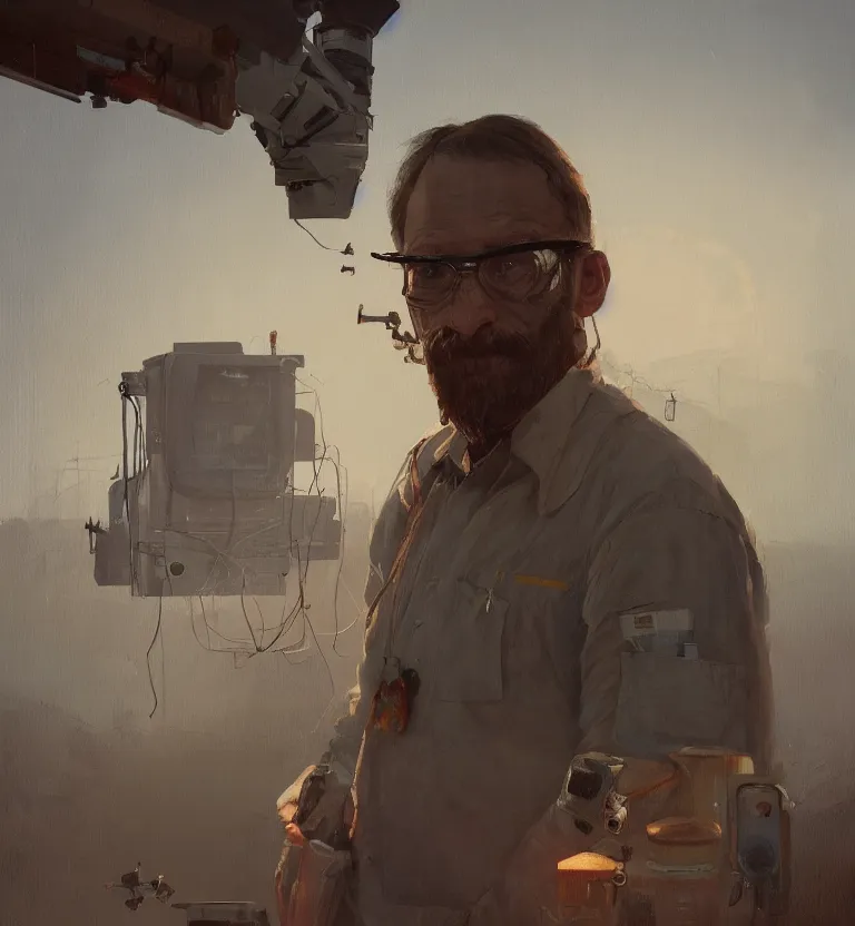 Image similar to a portrait of a researcher like indianer jones in a painting from stalenhag, 4 k, 8 k, hdr, artstation, concept art