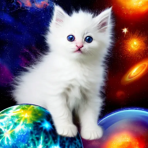 Prompt: cute fluffy kitten in space with stars and planet background detailed painting 4k