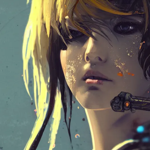 Image similar to highly detailed portrait of a post-cyberpunk young lady by Akihiko Yoshida, Greg Tocchini, 4k resolution, Nier inspired, yellow, black, brown and cyan color scheme