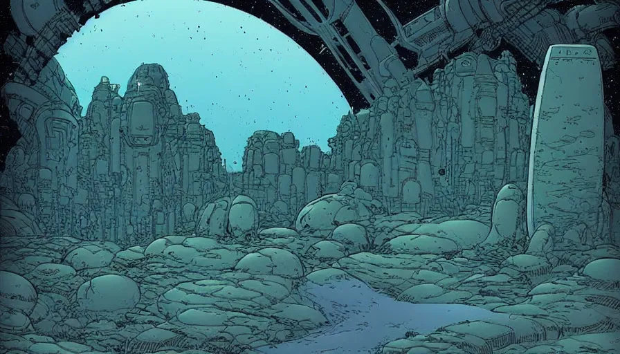 Prompt: mysterious alien outpost on a distant planet in style of moebius and charles vess, very detailed, clean lines, atmospheric, vivid, wide angle